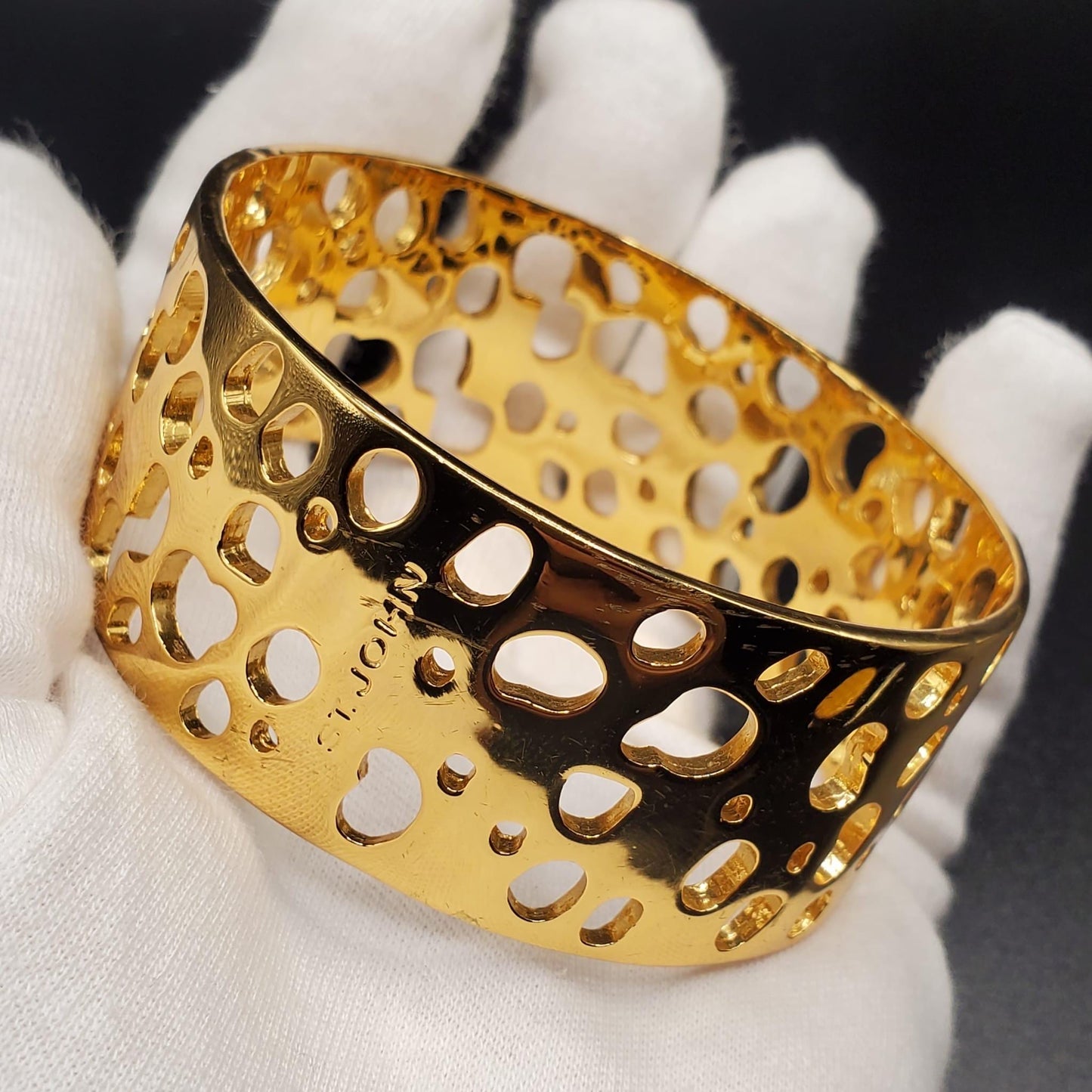 Vintage ST. JOHN Signed Designer Runway Open work Gold Tone Bangle Bracelet
