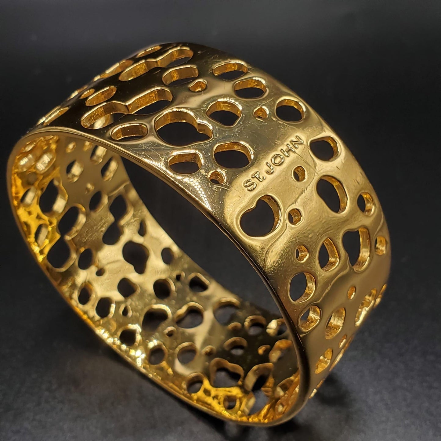 Vintage ST. JOHN Signed Designer Runway Open work Gold Tone Bangle Bracelet