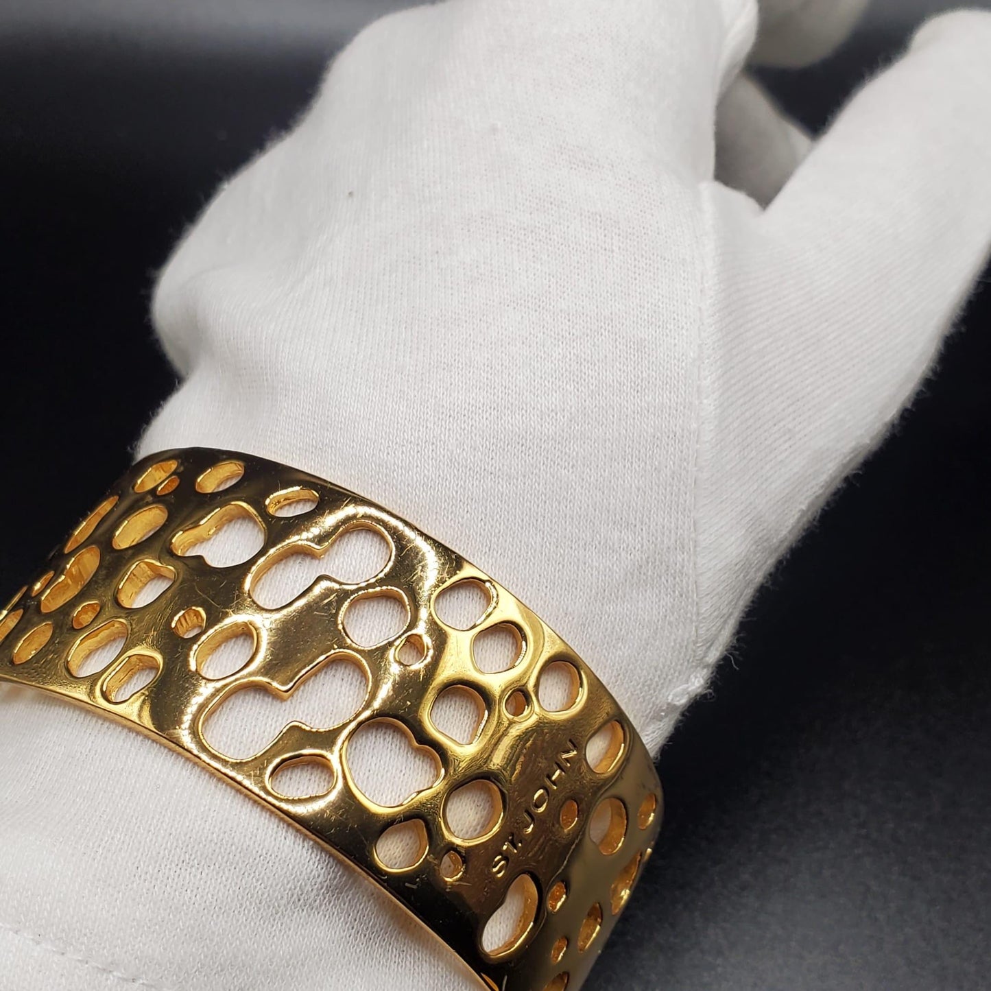 Vintage ST. JOHN Signed Designer Runway Open work Gold Tone Bangle Bracelet