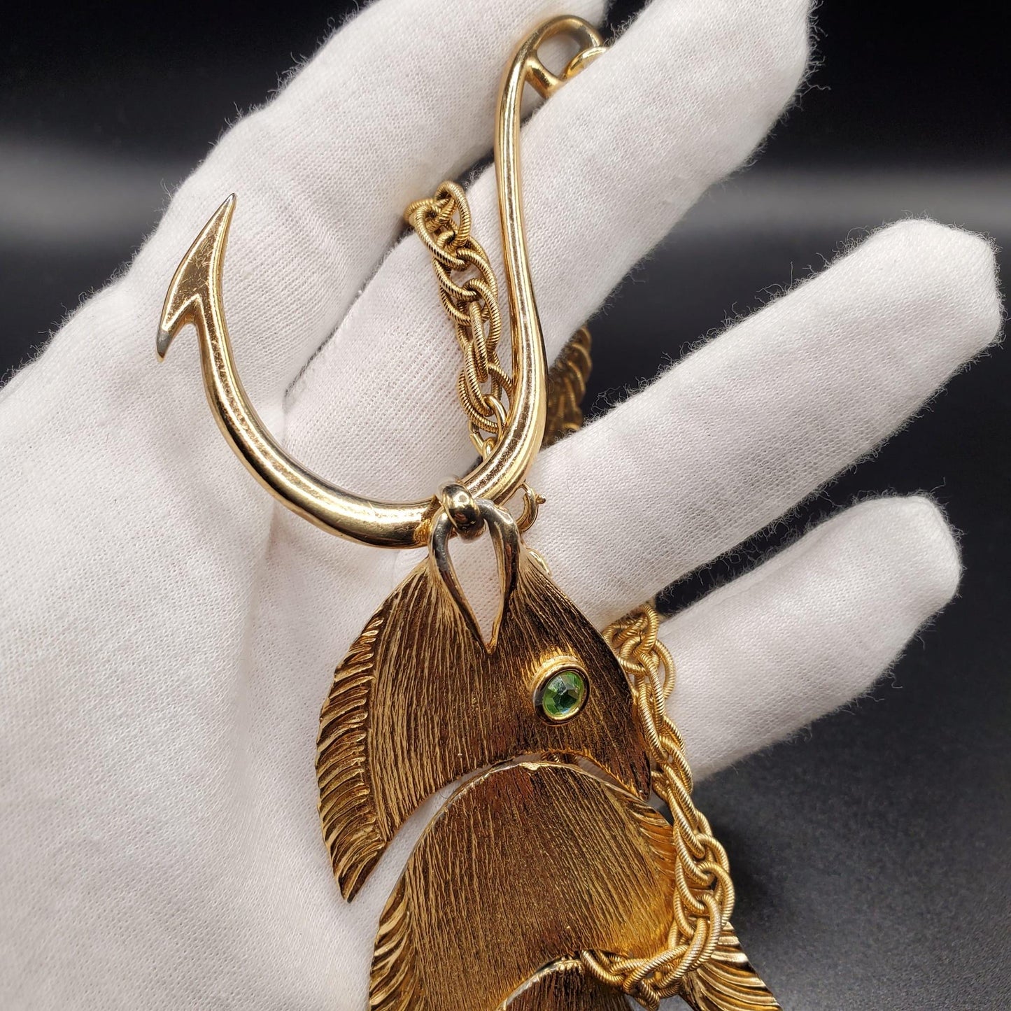 Vintage NAPIER 1970s Gold Tone Runway Articulated Fish On A Hook Pendant Necklace