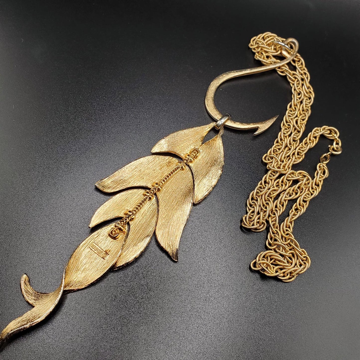 Vintage NAPIER 1970s Gold Tone Runway Articulated Fish On A Hook Pendant Necklace